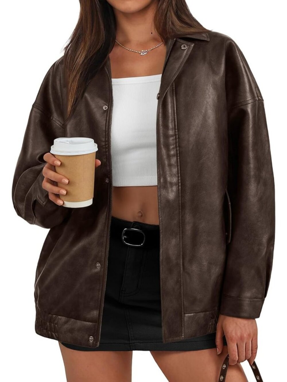 Chic Oversized Faux Leather Bomber Jacket for Women - Trendy Zip Coat